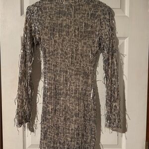 Fashion Nova Shimmering Silver Long Sleeve Dress